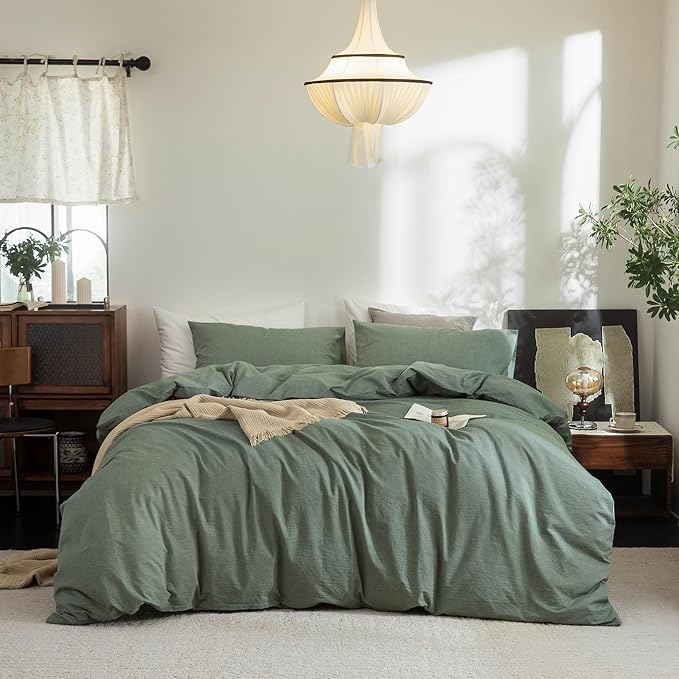FOSSA Duvet Cover Set 100% Washed Cotton Linen Feel Super Soft Breathable Cozy Simple Style 3 Pieces Bedding Sets Solid Heathered Green Super King Plus