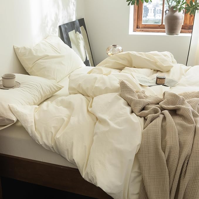 FOSSA Duvet Cover Set 100% Washed Cotton Linen Feel Super Soft Breathable Cozy 3 Pieces Bedding Sets Solid Cream White Super King