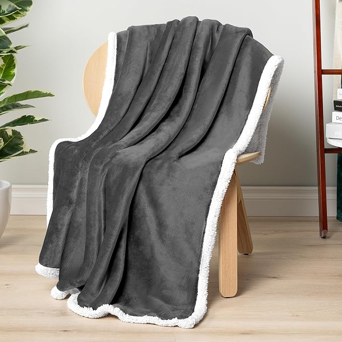 PAVILIA Sherpa Fleece Throw Blanket for Couch, Dark Grey, Plush Soft Fuzzy Sofa Blanket, Cozy Reversible Winter Throw for Women Men, 50x60 Inches