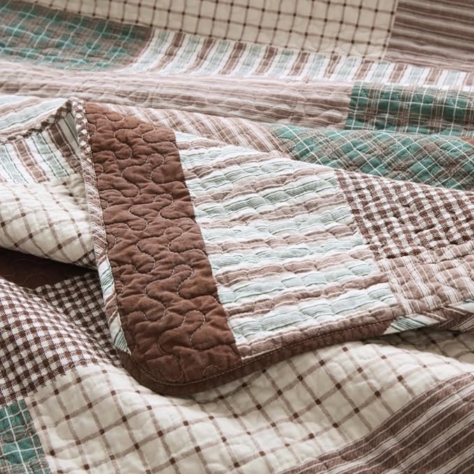 Uniclinens Plaid Quilt King Size, 100% Cotton Patchwork Quilt Bedding Set, Brown Lightweight Farmhouse Bedspread/Coverlet/Comforter Set, 3 Pieces Set with 2 Pillowshams, Brown/Green/Cream
