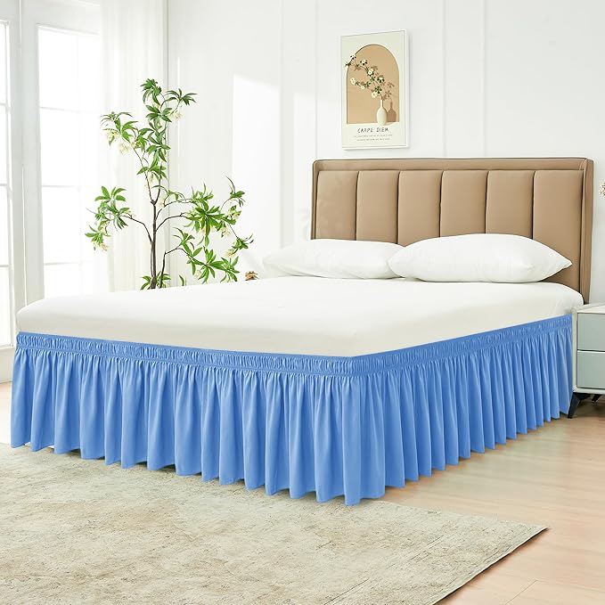 Biscaynebay Wrap Around Bed Skirts for Twin & Twin XL Beds 15" Drop, Denim Blue Elastic Dust Ruffles with Adjustable Belts Silky Luxrious Fabric Machine Washable