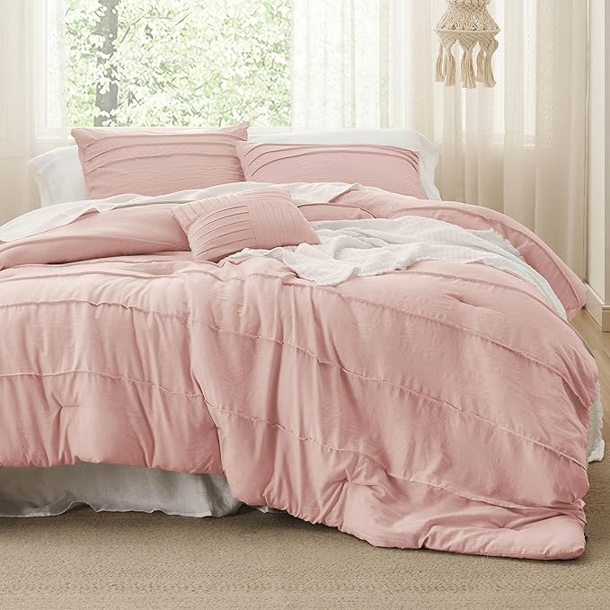 Bedsure Twin Comforter Set - 3 Pieces Pinch Pleat Bed Set, Light Pink Boho Bedding for All Season, 1 Soft Comforter, 1 Pillowcase, 1 Decorative Pillow