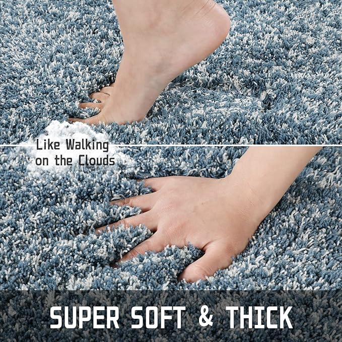 Yimobra Luxury Bathroom Rugs, Fluffy Bath Mats, Non Slip, Water Absorbent Microfiber, Machine Washable, Plush Runner Shower Rugs, Thick Matts for Bathroom Floor&Tub, 56"x 24", Denim Blue and White
