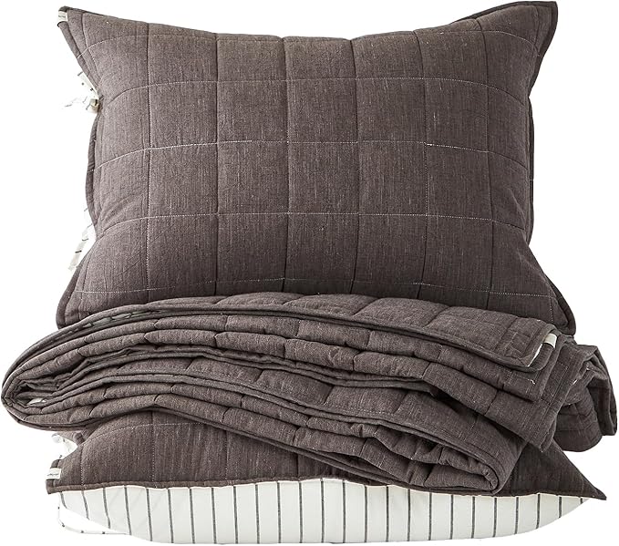 Gray Quilt King Size， Cotton Linen King Quilt Bed Spreads，3-Pieces King Size Quilt Bedding Set with Grey Stripe Coverlet Lightweight Bedding comforters with 2 Pillow Shams