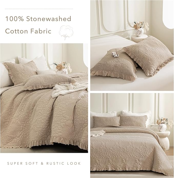 QSH 3PCs Dark Wheat Oversized King Quilt Bedspread Set(120"x120"),Stonewashed Cotton Ruffled Quilt California King,Ultra Soft Lightweight Crinkled Shabby Bedspread Coverlet Bedding Set for All Seasons