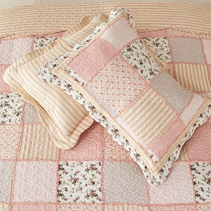 Cmfshape Floral Quilt Sets Bedspread Set 100% Cotton Patchwork Bedding Set, All Season Use Lightweight Reversible Coverlet Quilts with 2 Pillow Shams(Queen 92"x96")