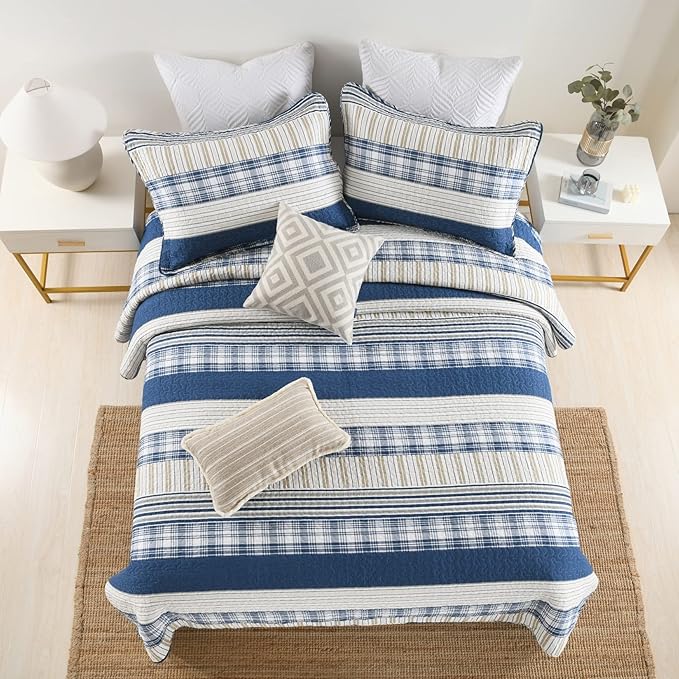 Homzard Queen Comforter Set - Blue White Tan Striped Queen Size Comforter Set,100% Cotton Plaid Quilts Queen Size Bedding Set, Farmhouse Bedspread Lightweight Bedding 3 Pieces All Season