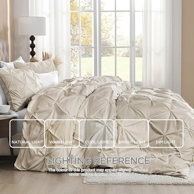 Litanika Oatmeal Pinch Pleat Duvet Cover Queen, 3 Pieces Pintuck Soft Microfiber Bedding Set with Zipper Closure & Corner Ties(90x90Inch-1 Duvet Cover, 2 Pillowcases)