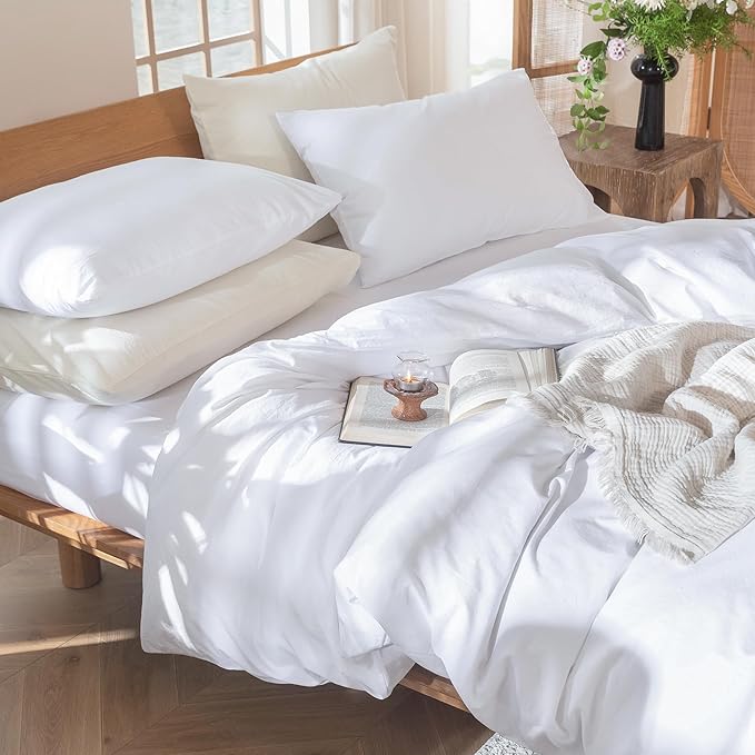MooMee Bedding Duvet Cover Set 100% Washed Cotton Linen Like Textured Breathable Durable Soft Comfy (Solid Bright White, Oversized King Plus 128"x120")