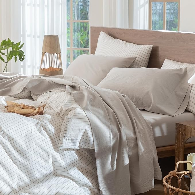 MooMee Bedding Sheet Set 100% Washed Cotton Linen Like Textured Breathable Durable Soft Comfy (Solid Light Tan, Twin)