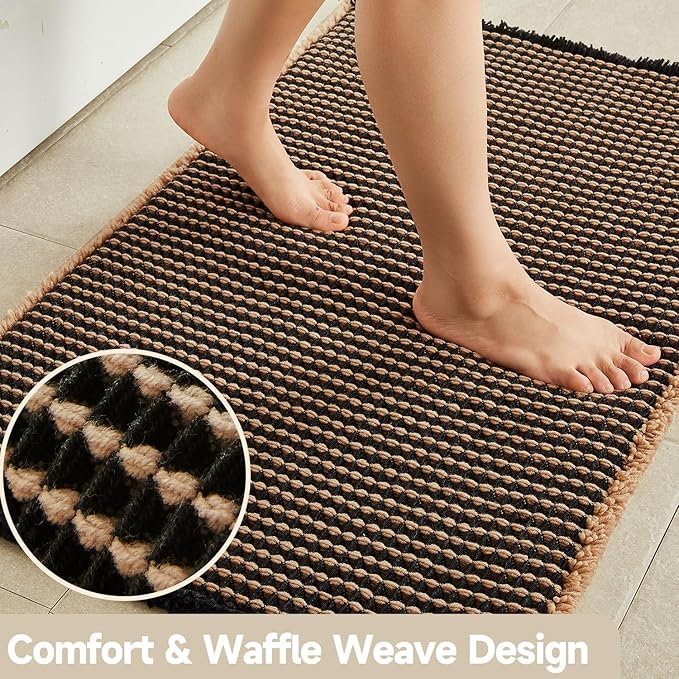 Waffle Bath Mat, Boho Bathroom Rugs Non Slip Washable Super Absorbent Quick Dry Bath Mat Farmhouse Bathroom Decor, 36"x24" Khaki and Black