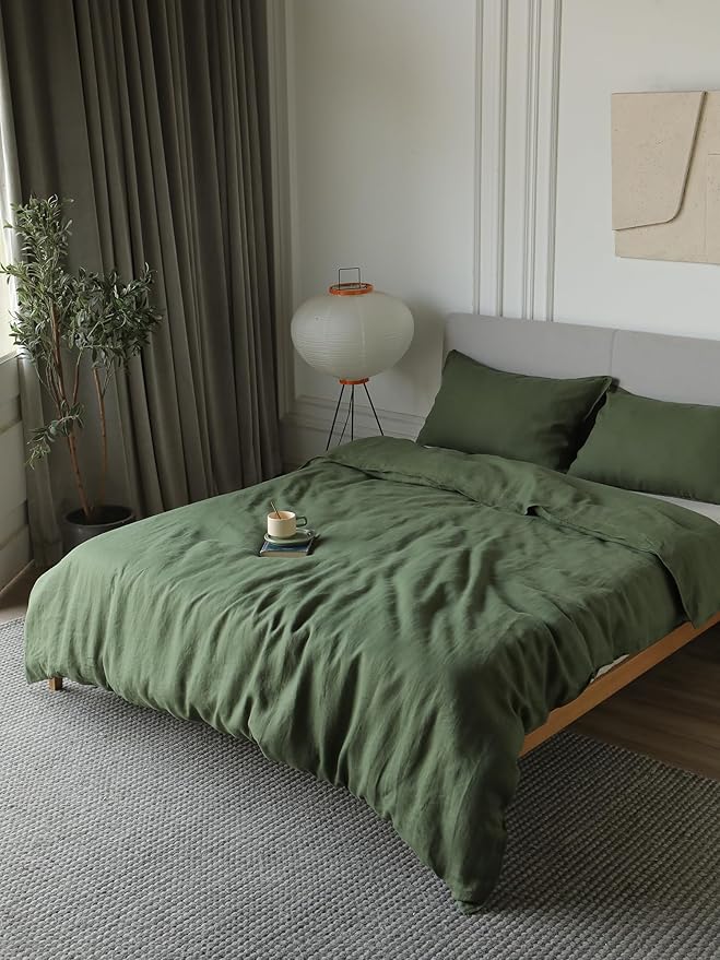 XZ XIFA Green Linen Duvet Cover Queen, 100% Washed French Flax Linen Bedding with Zipper Closure, Cooling for Hot Sleepers, Textured Bed Sets - 1 Duvet Cover and 2 Pillowcases.