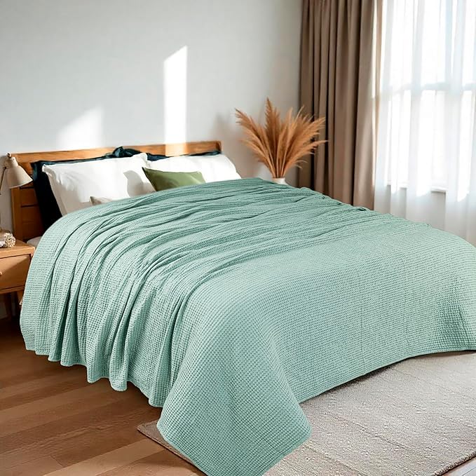 HILLFAIR 100% Combed Cotton Blanket– Twin Size Bed Warm Soft All Season Breathable Lightweight Summer Blankets– Waffle Weave Home Decor Bed Blanket- Sage Twin Cotton Blankets/Bedcovers