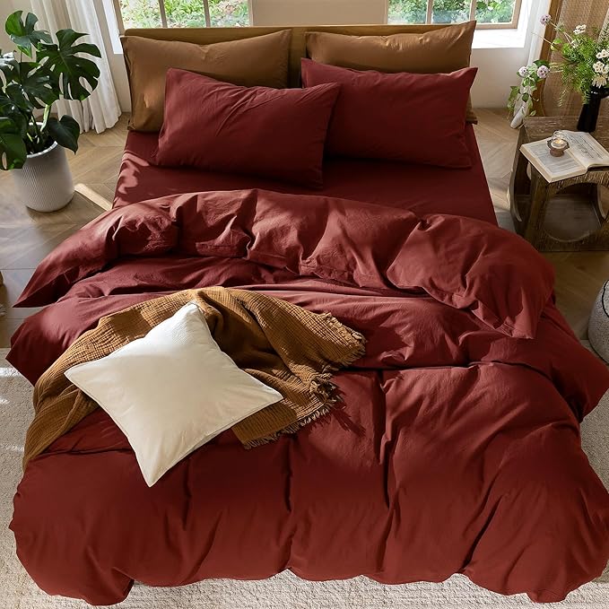 MooMee Bedding Duvet Cover Set 100% Washed Cotton Linen Like Textured Breathable Durable Soft Comfy (Solid Fired Brick Red, King 104"x90")