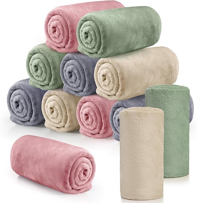 Tinideya 12 Pcs Flannel Fleece Throw Blanket Bulk 50 x 60 Inch Soft Fleece Blanket Warm Throw Blanket Coral Blankets for Couch Sofa Home Wedding Gifts Season (Retro Color)