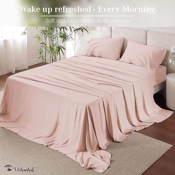 URBANHUT 1000 Thread Count Egyptian Cotton Full Size Sheet Set 4 Pc Bed Sheets, Soft & Breathable, Luxury Hotel Sheets Fits 16" Elasticized Deep Pocket, Sateen Weave, Solid - Blush Pink