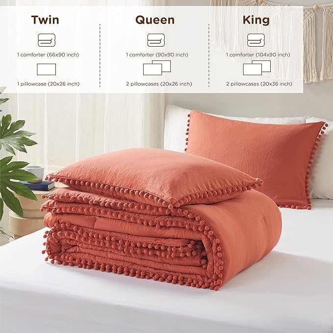 Codi Terracotta King Comforter Set - Boho Chic Bedding with Elegant Pom Fringe, Soft Washed Microfiber 3pc Luxury Set, Lightweight & Breathable for Master Bedroom, 1 Comforter & 2 Pillow Shams