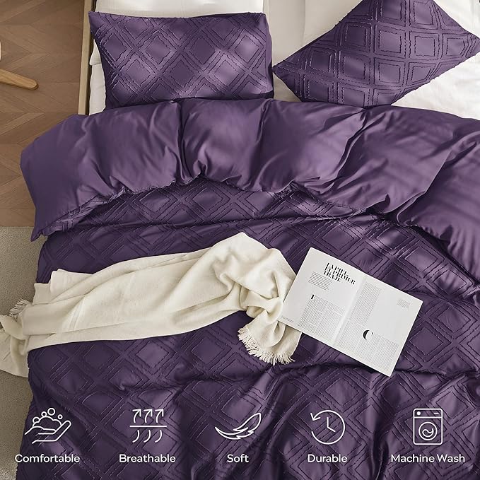 JELLYMONI Duvet Cover King Size Purple - 3PCS Boho Duvet Cover Set Plaid Polyester Tufted Bohemian Jacquard Knit Textured Comforter Cover 104×90in Rhombic Geometric Pattern Zipper Corner Tie