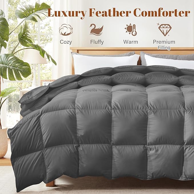 Cosybay Feather Down Fiber Comforter Oversized Queen Size - All Season Grey Duvet Insert - Luxury Medium Warmth 100% Cotton Hotel Bedding Comforter, Fluffy and Cozy -Oversized Queen 98 x 98 Inch