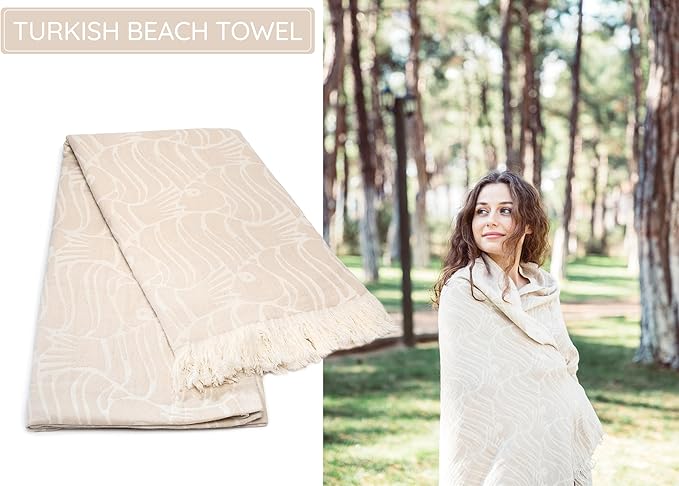Premium Turkish Beach Towel – 100% Cotton, Quick Dry, Sand Free, Oversized 35” X 67” Oversized Beach Towels – Ideal For Travel, Pool, Beach Accessories Must Haves - Beige Fish Design