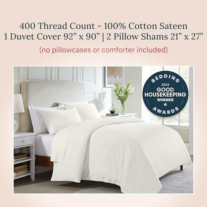 California Design Den 3 Pc Full/Queen Size Duvet Cover Set - Winner Good Housekeeping Best Bedding Awards 2025, 400 Thread Count Sateen, 100% Cotton Duvet Cover - Ivory (Pale Tone)