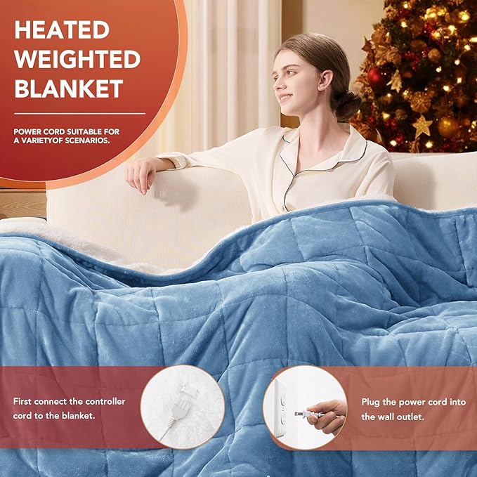 Homemate Heated Weighted Blanket for Adults - 62"x84" 20lbs Electric Throw Fast Heating Heavy Blanket 1/2/4/6/8 Hour Auto Off 10 Heat Levels Over-Heat Protection Soft Flannel Sherpa