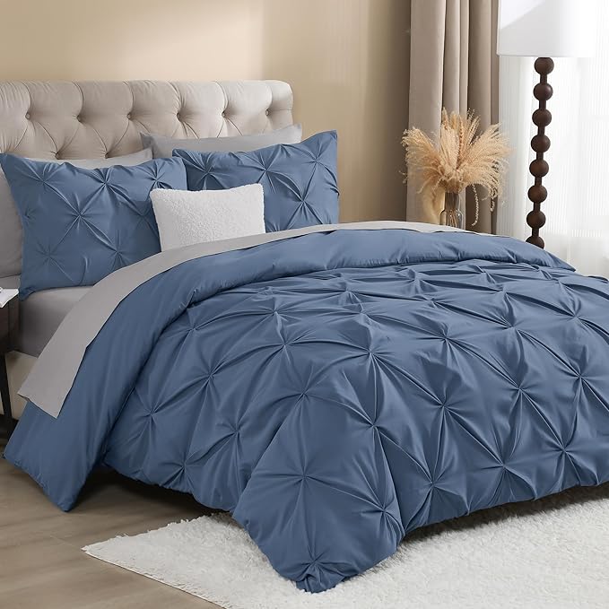 Litanika Ocean Blue Oversized King Pinch Pleat Duvet Cover, 3 Pieces Pintuck Cover Soft Microfiber Bedding Set with Zipper Closure & Corner Ties(1 Duvet Cover, 2 Pillowcases)