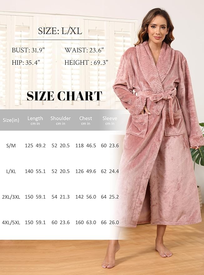 Artfasion Womens Long Fleece Robe - Warm Soft Floor Length Flannel Bathrobes for Winter Thicker Long House Coat with Pockets