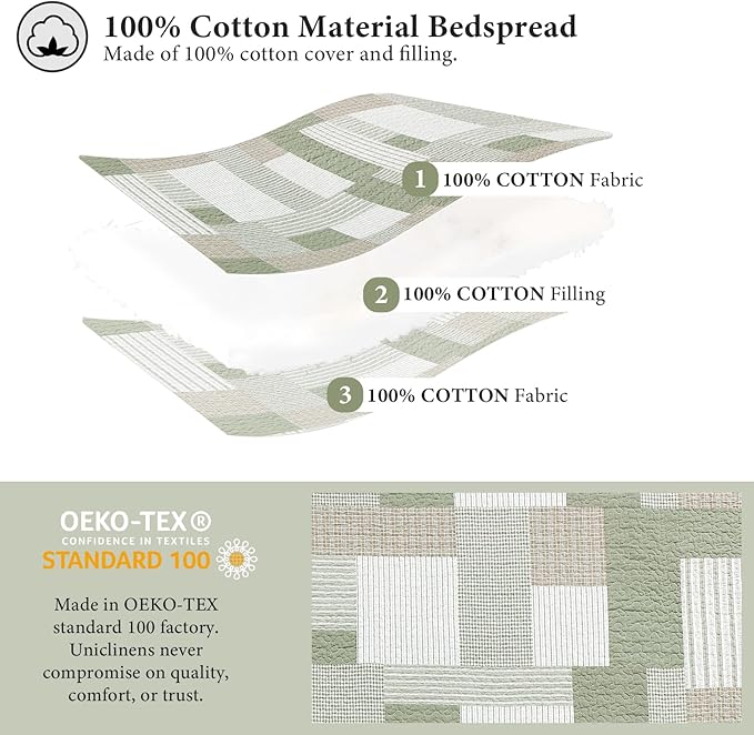 Uniclinens Plaid Quilt Set King Size, Patchwork Light Green Quilt Bedding Set, 100% Cotton Bedspreads, Farmhouse Rustic Lightweight Comforter, 3 Pieces Set with 2 Pillowshams, Green/Brown/Beige