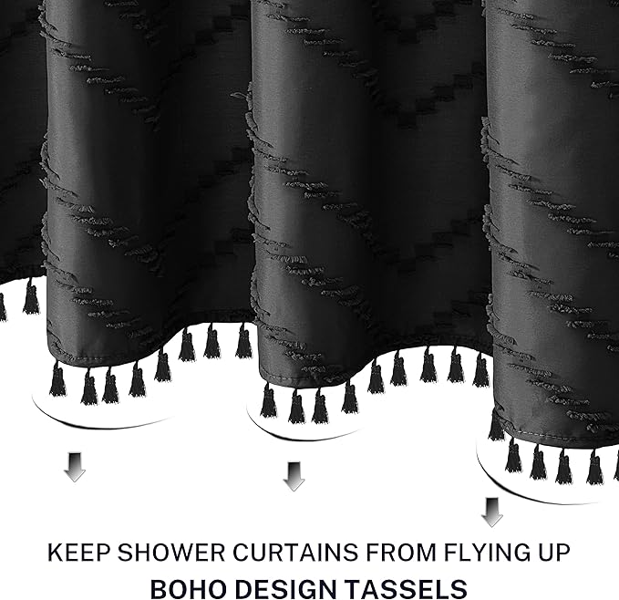 Boho Shower Curtain - Black Tassel Woven Fabric, 60 x 72 Tufted Chevron Striped Textured Modern Farmhouse Minimalist for Bathroom
