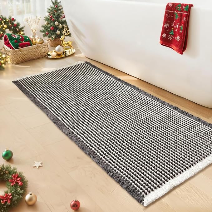 Waffle Bath Mat - Boho Bathroom Rugs Non Slip Washable, Super Absorbent & Quick Dry, Soft Bath Mat Farmhouse Bathroom Decor, 24'' x 48'', Dark Grey and White