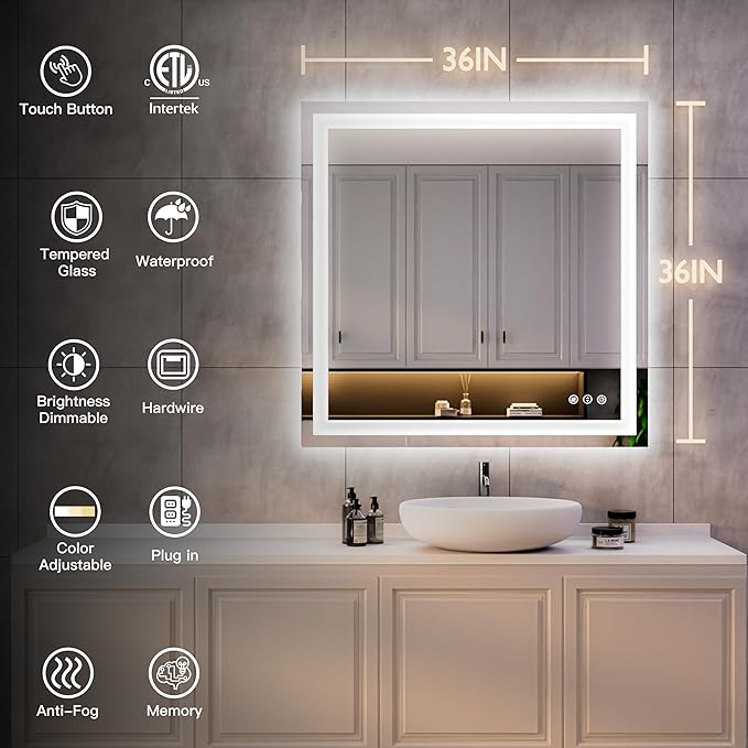 ISKM 36'' x 36'' LED Mirror for Bathroom Lighted Vanity Mirror for Wall Front Lights + Backlit LED Bathroom Mirror Anti-Fog Tempered Glass ETL Listed