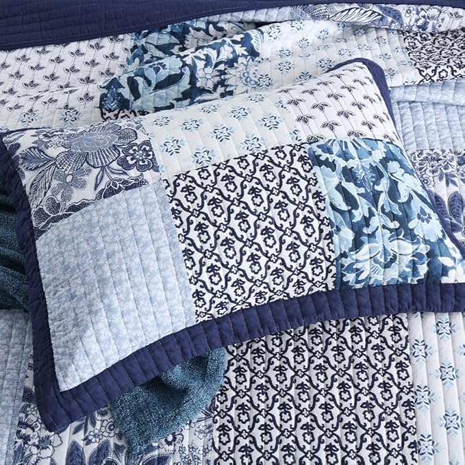 ENASAL Cotton Bedspread Quilt Sets Reversible Bedding Coverlet Sets Luxury Floral White Blue Real Patchwork Bedspread, King Size