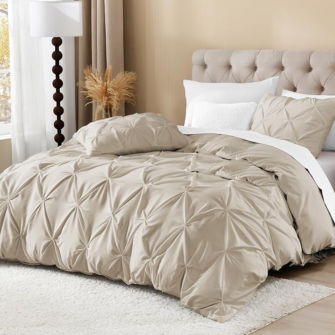 Litanika Oatmeal Pinch Pleat Duvet Cover Queen, 3 Pieces Pintuck Soft Microfiber Bedding Set with Zipper Closure & Corner Ties(90x90Inch-1 Duvet Cover, 2 Pillowcases)