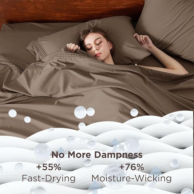 Bedsure Deep Pocket Queen Sheets Set - Fits Mattresses Up to 21 Inches Thick - 4 Piece GentleSoft Bed Sheets, Moisture Wicking, Soft & Cooling Bedsheet & Pillowcases, Easy & Secure Fit, Light Brown