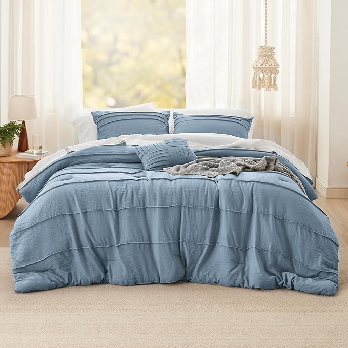 Bedsure California King Comforter Set - 4 Pieces Pinch Pleat Bed Set, Light Blue Boho Bedding for All Season, 1 Soft Comforter, 2 Pillowcases, 1 Decorative Pillow