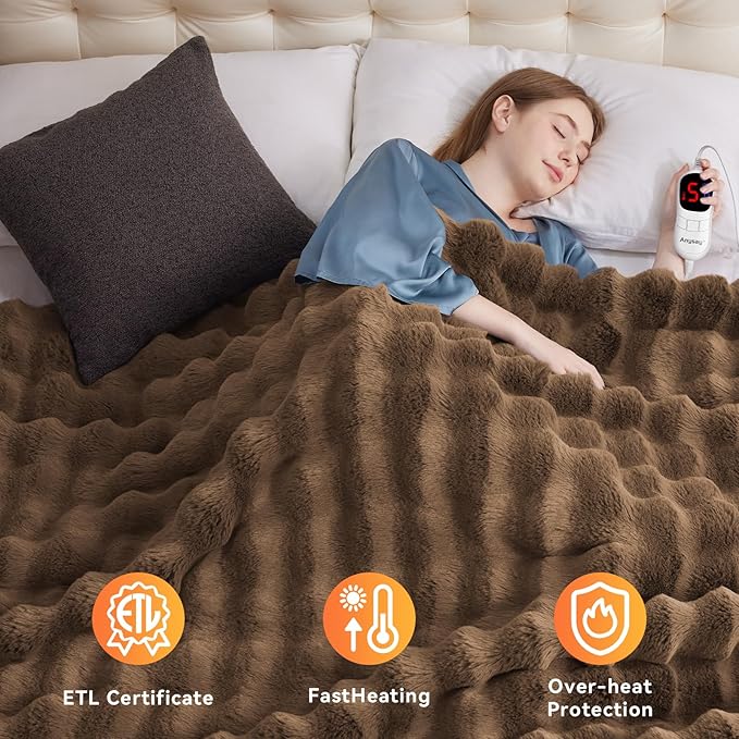 Heated Blanket King Size with 1/2/4/6/8 Hours Auto-Off 10 Heat Level, 90'' * 100'' Cozy Faux Rabbit Fur Bubble Electric Blanket with Overheat Protection(Brown)