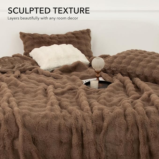 Faux Rabbit Fur Bubble Heated Throw Blanket Camel - Luxury Fluffy Soft Warm Electric Throw with 6 Heating Levels & 4 Timer Settings, Decor Gifts for Home Bedroom Living Room (50" x 60")