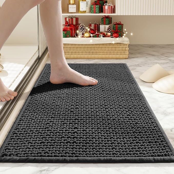 Bathroom Rugs Non Slip Washable, Super Absorbent Thin Bath Mat for Small Quick Dry Low Pile Bathroom Rug, (Black, 32″x20″)