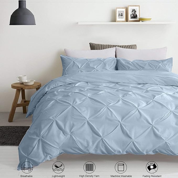 Pinch Pleated Duvet Cover Set 100% Cotton 3PC King Size 94x104 Duvet Cover Set, Decorative Pinch Design Sky Blue Duvet Cover with Matching Pillow Case