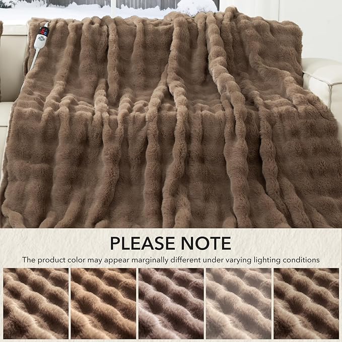 Faux Rabbit Fur Bubble Heated Blanket Twin Camel - Ultra Soft Cozy Luxury Electric Blanket with 6 Heating Levels & 10 Timer Settings, Machine Washable and Decor Gifts for Home (62" x 84")