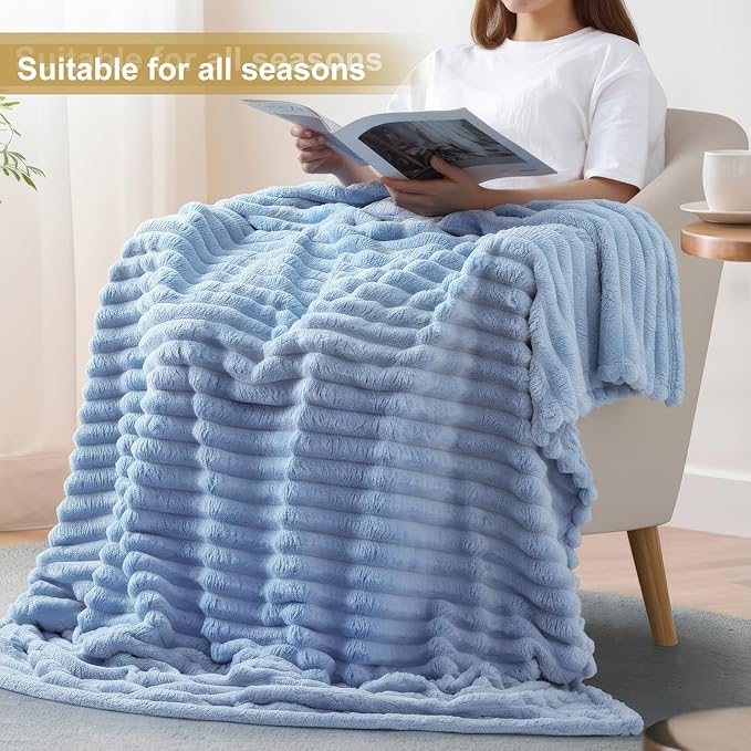 decorUhome Christmas Soft Fleece Blue Grey Throw Blanket for Couch, Cozy Fluffy Plush Flannel Striped Blanket for Sofa Bed, Lightweight Decorative Ribbed Fuzzy Blanket for Woman, 50x60 Inches