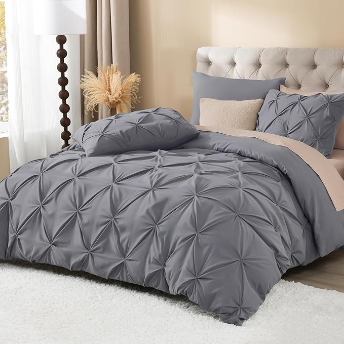Litanika Dark Grey Pinch Pleat Duvet Cover Queen, 3 Pieces Pintuck Soft Microfiber Bedding Set with Zipper Closure & Corner Ties(90x90Inch-1 Duvet Cover, 2 Pillowcases)