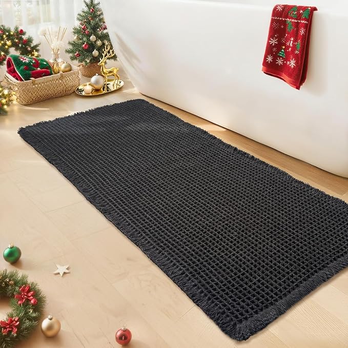 Black Long Bathroom Rug - Waffle Runner Bath Mat Non Slip Washable, Super Absorbent & Quick Dry, Boho Bath Mat Farmhouse Bathroom Decor, 24'' x 72'', Black