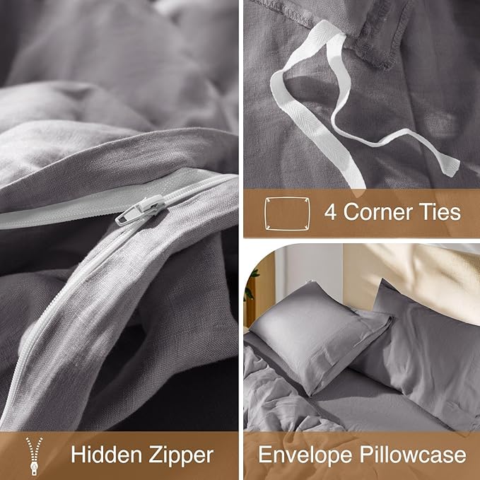 SONORO KATE 100% French Linen Duvet Cover, Soft Breathable for Hot Sleepers, Moisture Wicking & Durable Cover Set - Zipper Closure & 4 Corner Ties Duvet Covers 3 Piece (Dark Grey,Cal King)