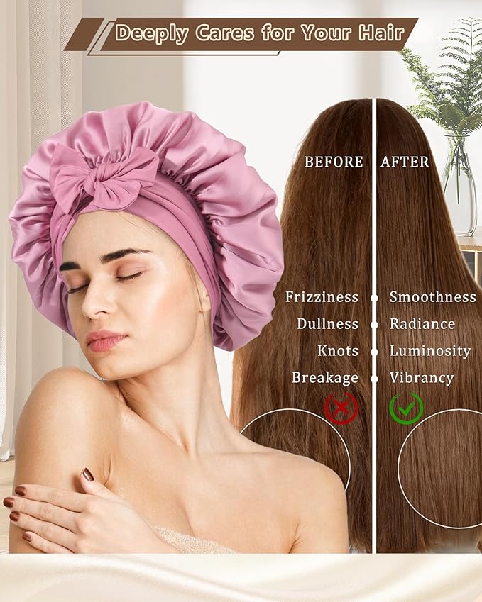 AWAYTR Women Satin Bonnet for Sleeping - Double Layer Silk Hair Bonnet with Elastic Tie Band for Braids Curly Hair