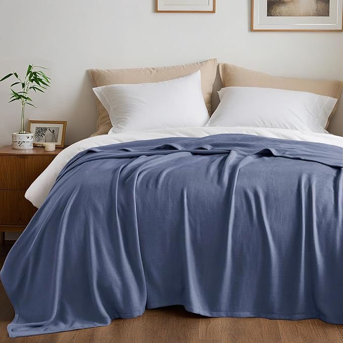 Queen Size Blanket, 70% Rayon (Derived from Bamboo) and 30% Cotton, Lightweight Jacquard Weave, Breathable and Soft Summer Blanket for Bed or Couch, 90” x 90”, Navy