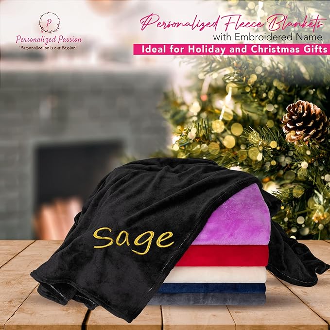 Personalized Blankets for Adults - Custom Blanket with Embroidered Name or Monogram - Soft Fleece Throw Cover for Bed & Couch - Black (40"x60")