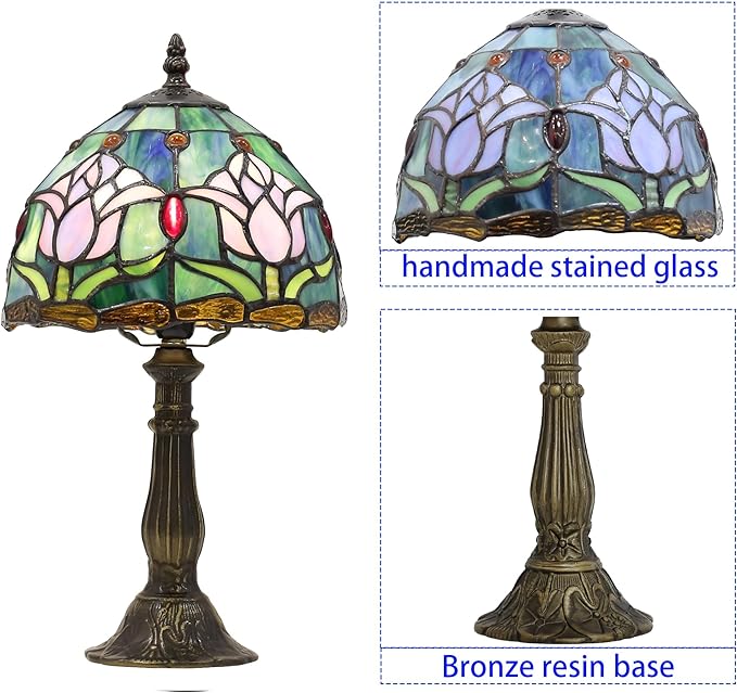 Tiffany Small Table Lamp for Bedroom Bedside Nightstand Table Lamps for Living Room 3 Way Color Temperatures Stained Glass Table Lamp 8X8X15 Inch Home Office Reading Desk Lamp (Pink Tulips)