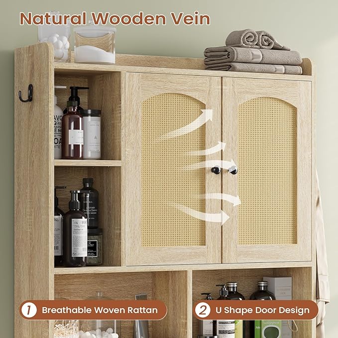 Itaar Over The Toilet Storage Cabinet, Farmhouse Rattan Bathroom Cabinet, Over Toilet Bathroom Organizer with Rattan Barn Doors & Toilet Paper Holder Stand, for Restroom, Laundry